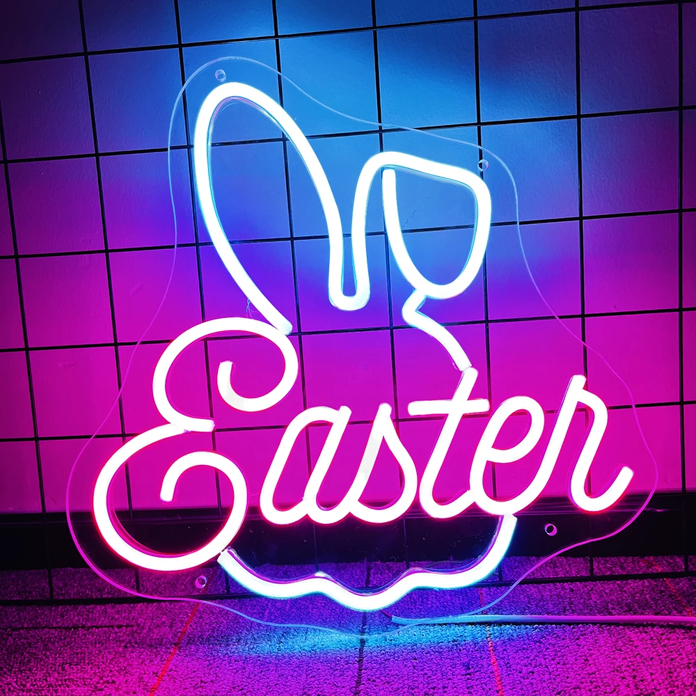 

Easter Rabbit Bunny Ears LED Neon Light up Night Signs for Party Home Bedroom Table Art Gifts Spring Wall Bar Living Room Decor