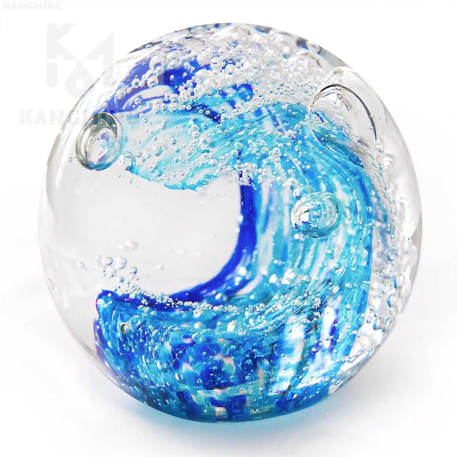 KANGMING Hand Blown Ocean Wave Bubble Glass Paperweight Art Figurines,Home Decor Collectible Statue(3 IN/8CM Light Blue)