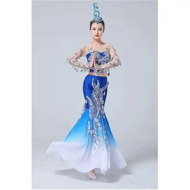 فستان راقص تقليدي داي عرقي زي رقص فستان راقص الطاووس بدلة أداء تنورة ترتر رملية متدفقة فستان بافان