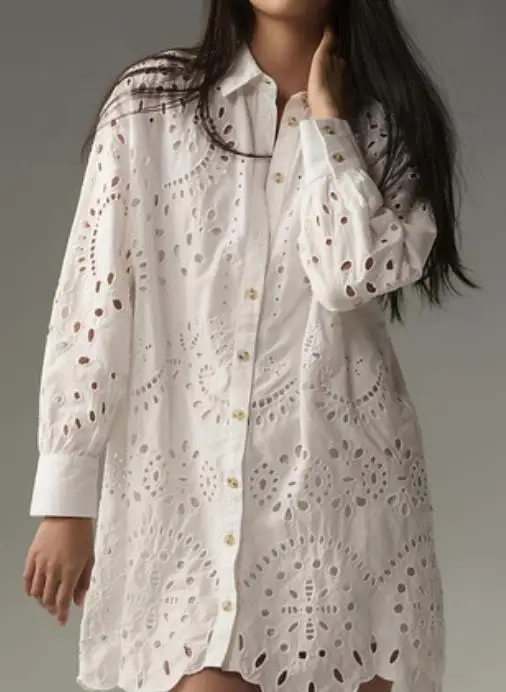 

Woman Blouse 2025 Spring Autumn New Casual Daily Solid Color Hollow Out Turn-Down Collar Long Sleeve Loose Fit Shirt