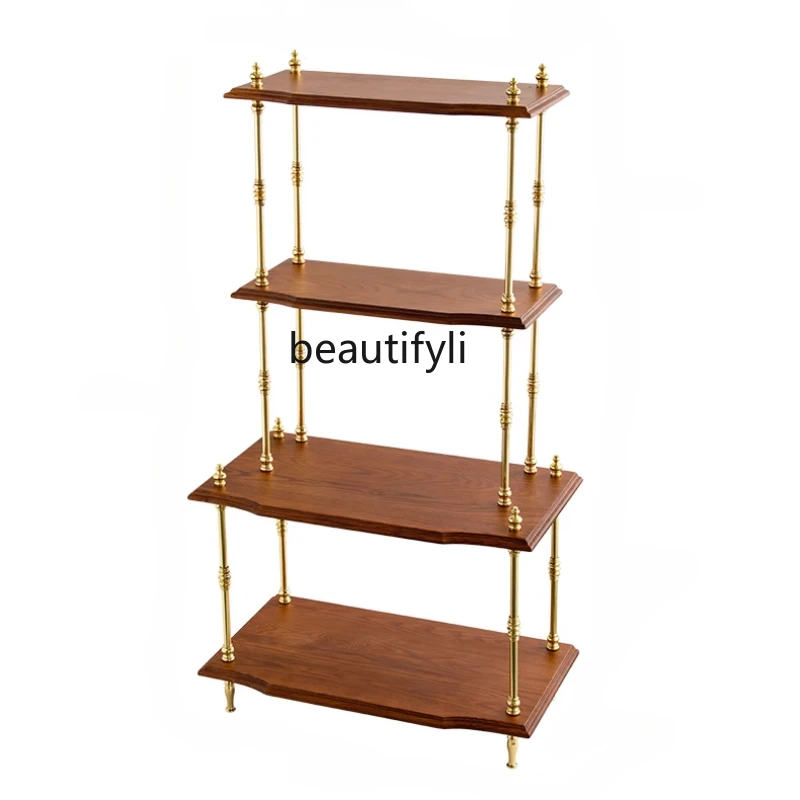 Retro European-Style Storage Rack Multi-Layer Display Shelf Living Room Light Luxury Solid Wood Display Rack