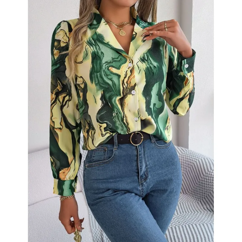 Elegant Women's Blouse Autumn Casual Button Design Sense Contrasting Stripes Suit Collar Long Sleeved Shirt Top 2024 New Product