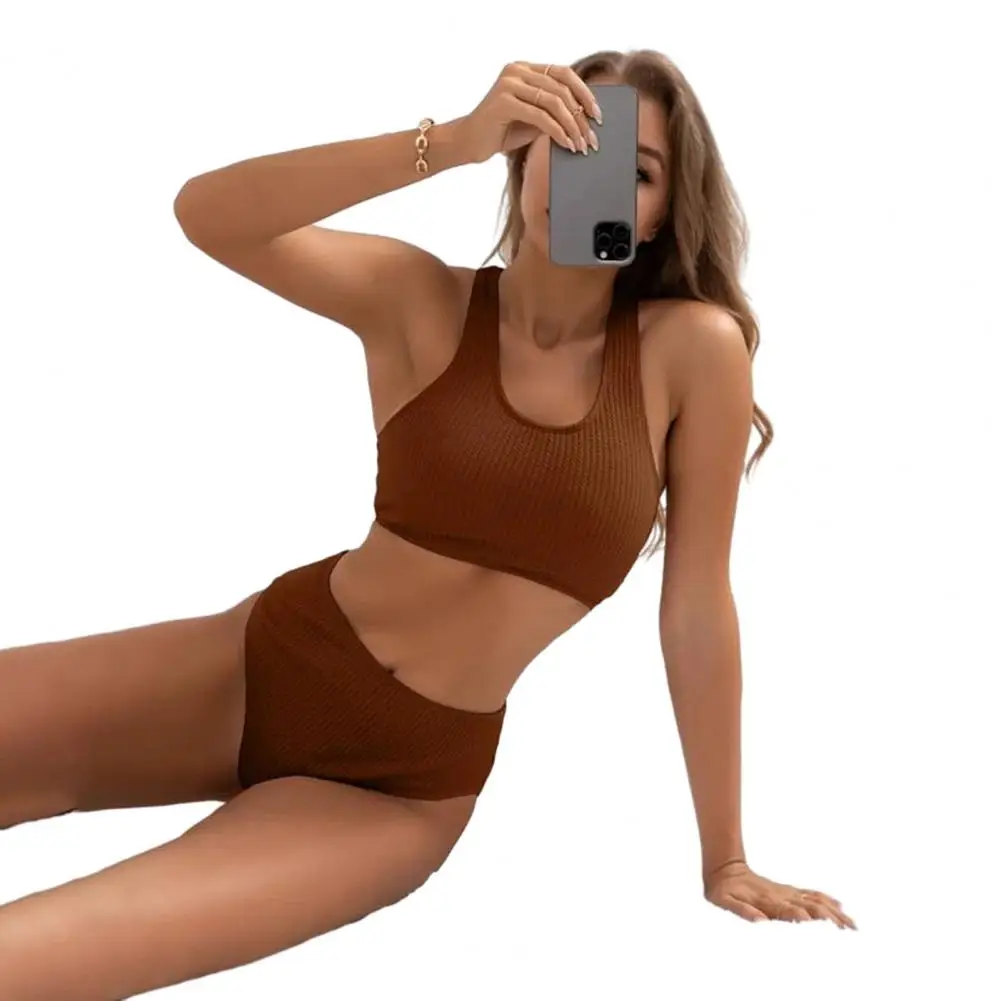 Легкий комплект бикини, нагрудник, стильный бикини, 2025 г., женский комплект бикини в рубчик, плавки с высокой талией, съемная подкладка на лето