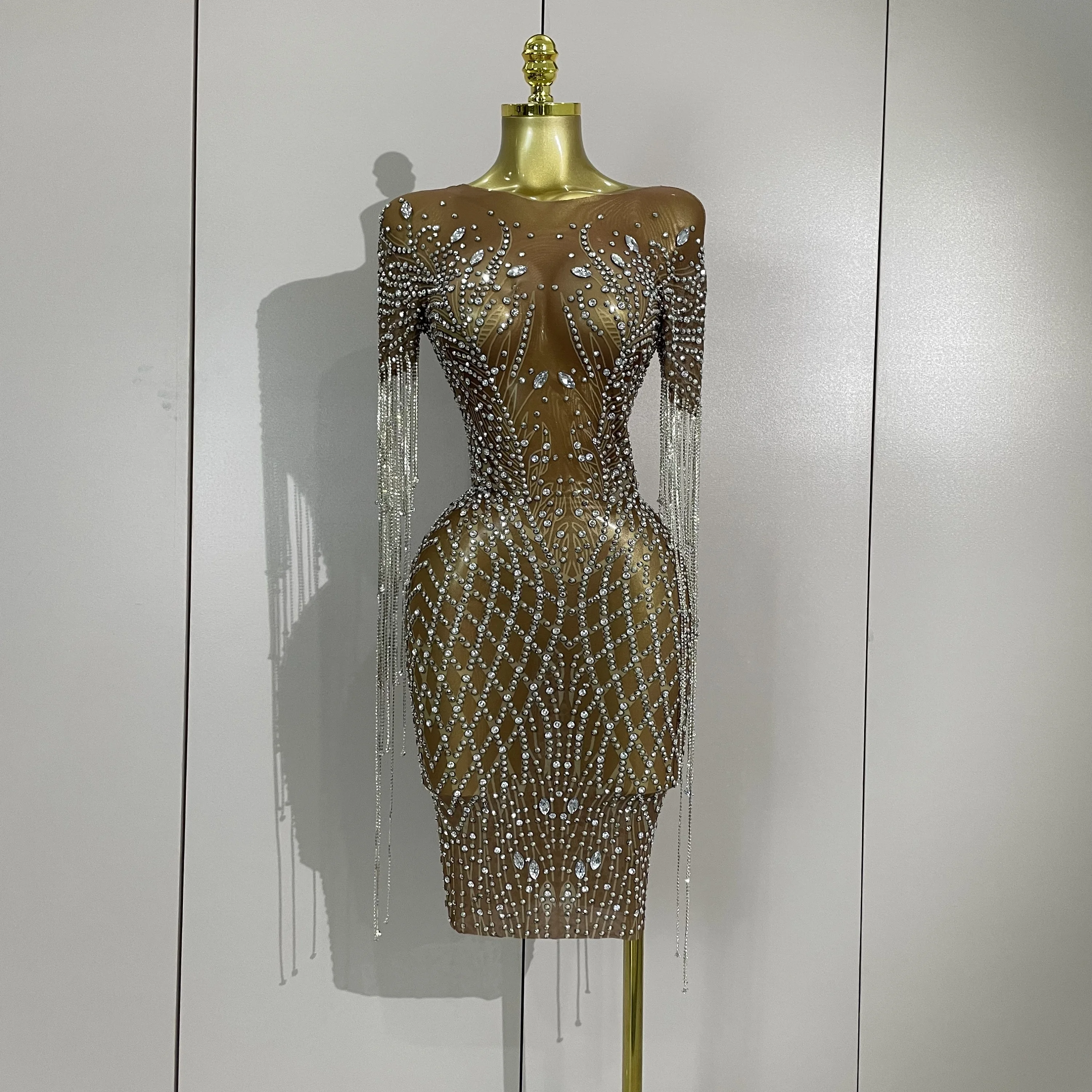 Women Luxery Sparkly Rhinestones Tassel Transparent Mesh Stretch Dress Evening Celebrate Birthday Party Dress Sexy Stage Costume