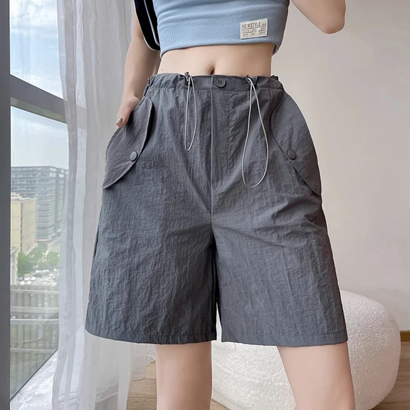 

Gidyq Women Y2K Cargo Shorts Korean Loose Casual Sports Shorts Ladies Streetwear High Waist Grey Wide Leg Sports Short Pants New