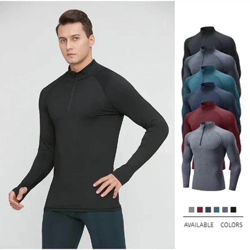 Men's autumn fitness long-sleeved T-shirt quick dry running top half zip Slim training fashion casual bottoming shirt T-shirt