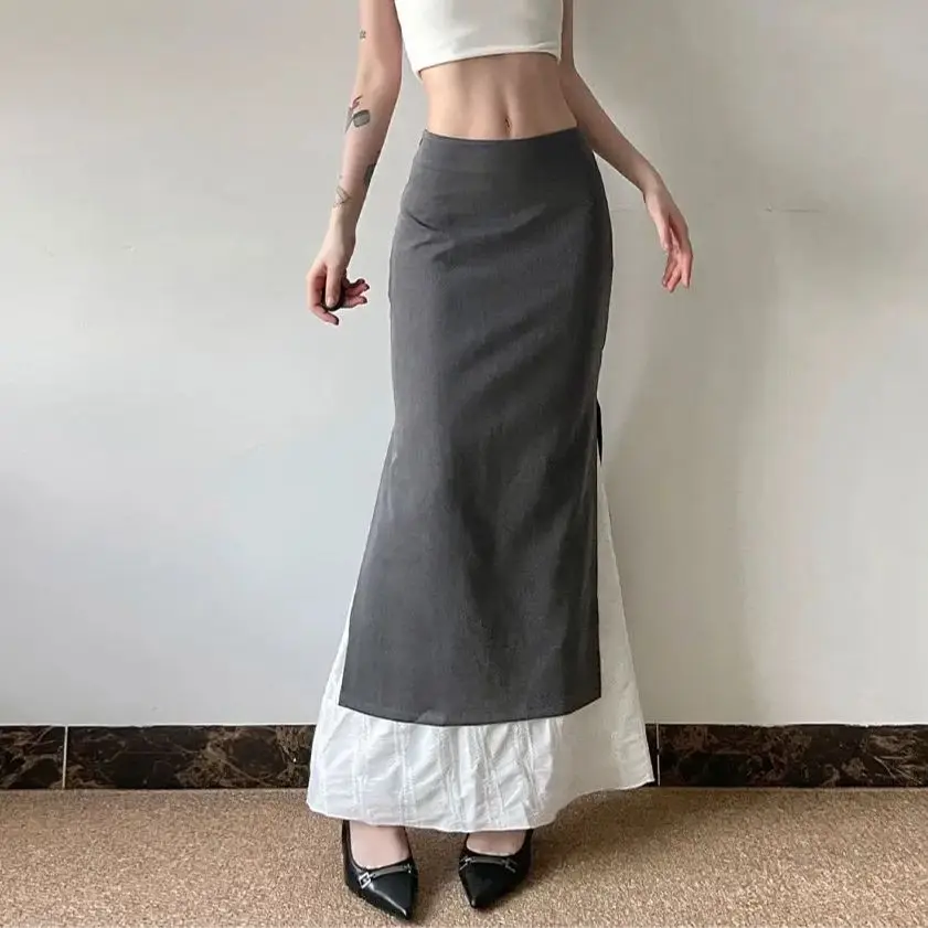 Fake Two-Piece Skirt With Slits And Splicing High-Waisted Slimming Knee-Length Skirt Niche Chic High-End Gray Skirt For Summer