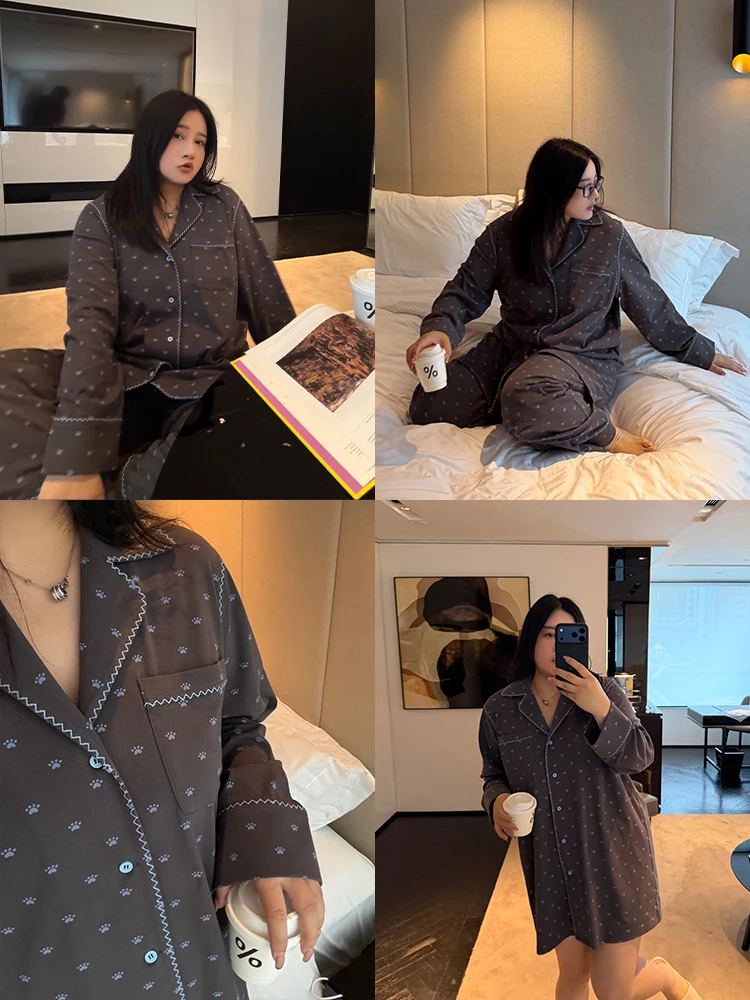 

Удобный комплект пижамы с принтом «Ленивые лапки» для женщин больших размеров: домашняя одежда, комплект с брюками с высокой талией и кардиганом