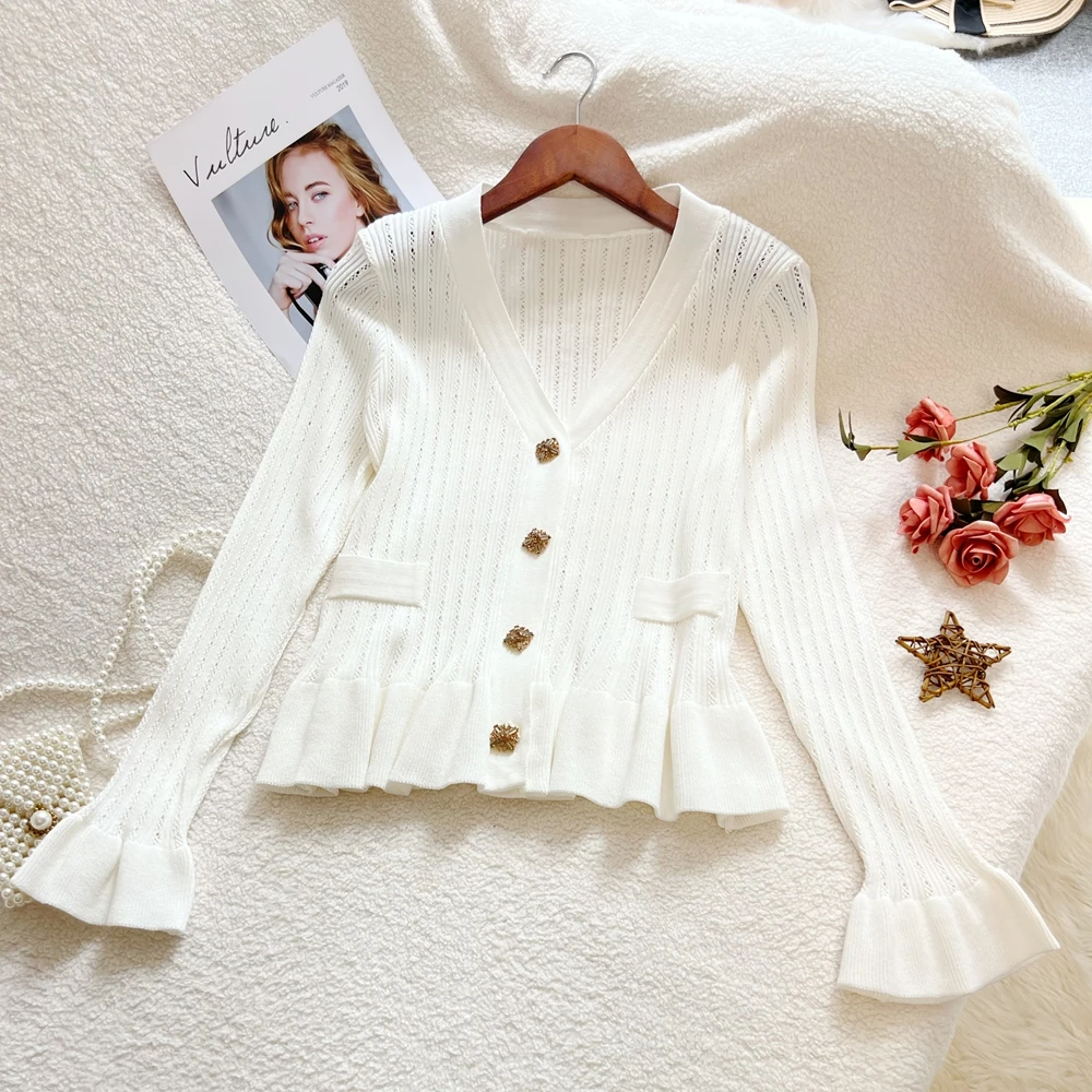 

YuooMuoo Brand Fashion Knitted Tops 2025 New Chic Y2K Rhinestone Long Sleeve Cardigans Sweaters French Style Elegant Lady Shirts