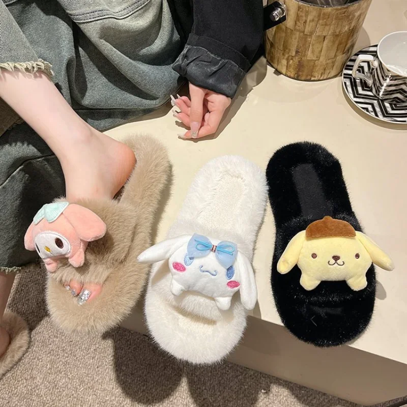 Sanrio Melody cute sweet warm plush women's shoes big-eared dog fashion simple versatile toe non-slip flat slippers