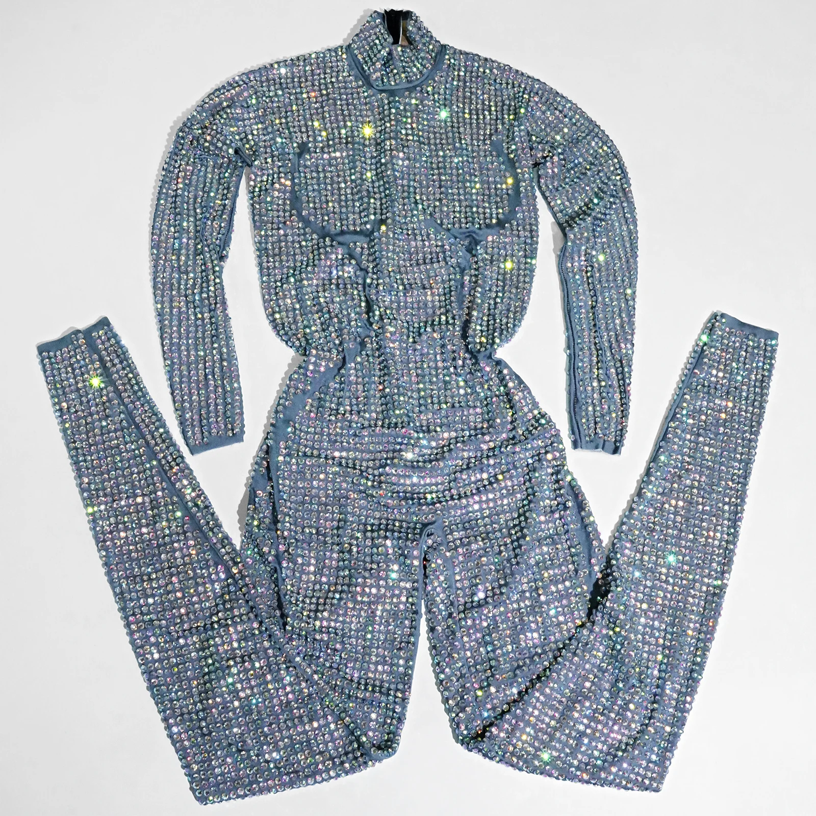 Luksusowe kombinezony z pełną aplikacją srebrnych cyrkonii, stroje sceniczne dla tancerki gogo, strój urodzinowy dla drag queen, strój dla piosenkarki, na wieczorne przyjęcie, do klubu, dla showgirl