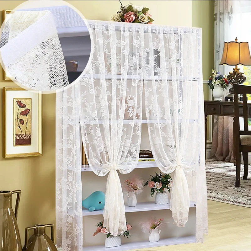 Self-Adhesive Lace Cabinet Curtain Dustproof Sheer Curtain for Open Wardrobe Bookcase Shoe Cabinet Storage Rack Decoration