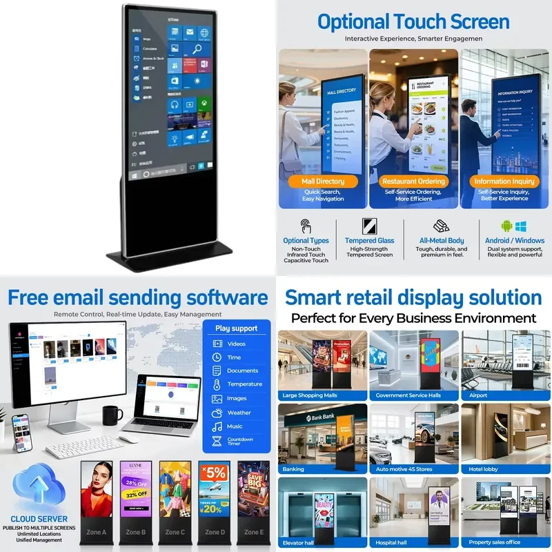 Smart 4K Indoor LCD Touch Screen 43 49 50 55 65 Inch Interactive Floor Standing Digital Signage Display for Business