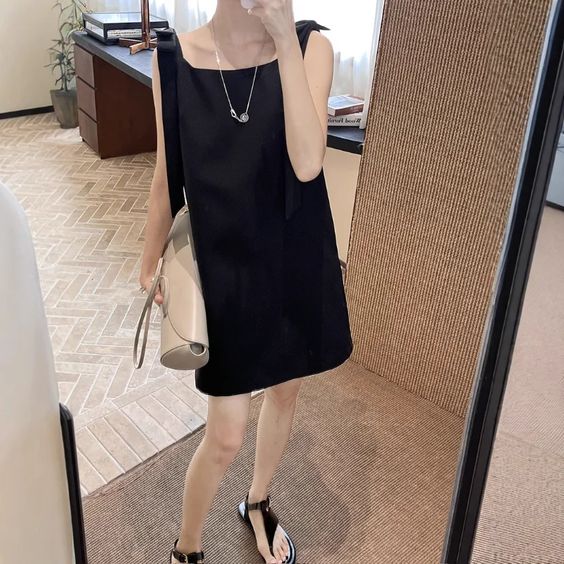 

New French Bow Ribbon Sleeveless Vest Sweet Dress Women Fashion Simple Black Orange Wedding Party summer Dress Female