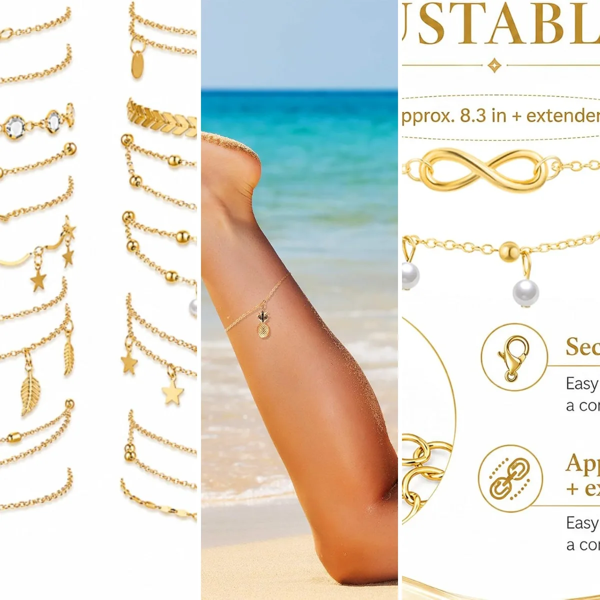 16 Pcs Ankle Bracelets for Women 14k Boho Gold & Silver Alloy Plated Waterproof Link Chains Beach Adjustable Jewelry