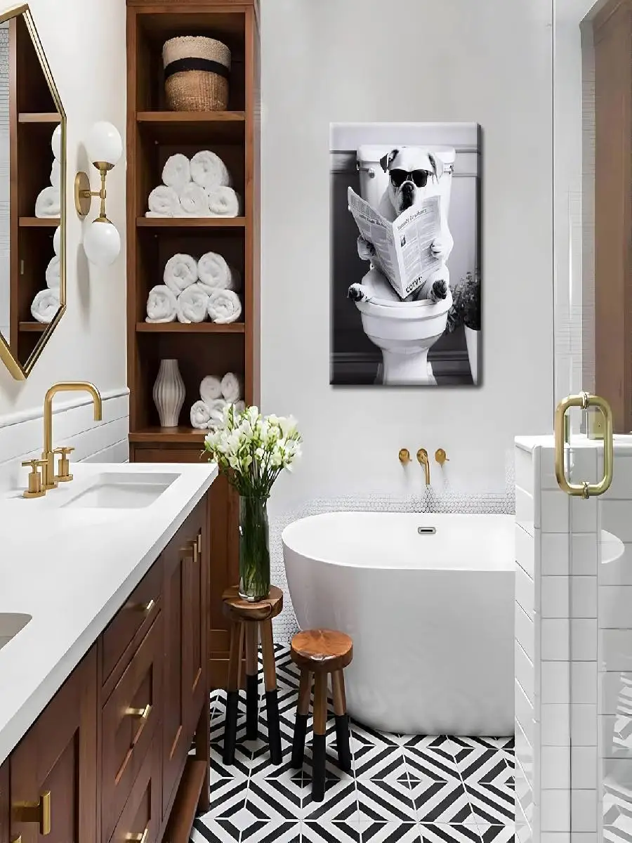 Funny Bathroom Wall Decor Dog Reading Newspaper on Toilet Canvas Art Black  White Poster Prints for Home x inch