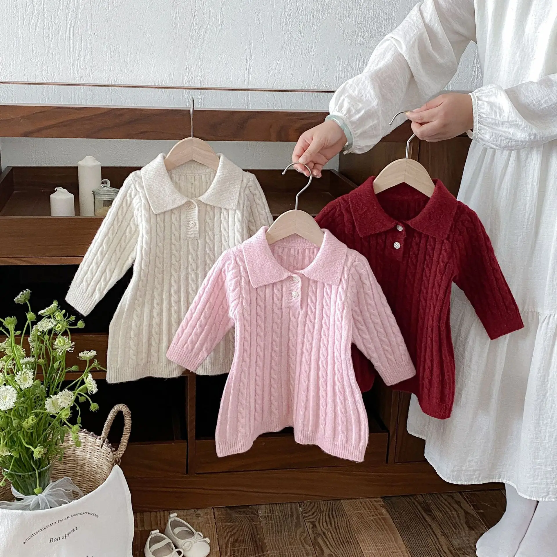 2026 Autumn New Girls Long Sleeve Knitted Dress Cotton Children Polo Collar Sweater Dress Solid Baby Girl Princess Dress