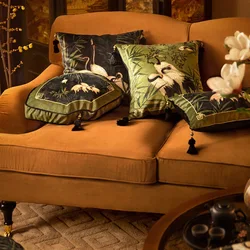 Chinese Crane Pillow Green Velvet Cushion Case Retro Decorative Pillow Cover For Sofa Chair Bedding Fan Cushion Home Decorations