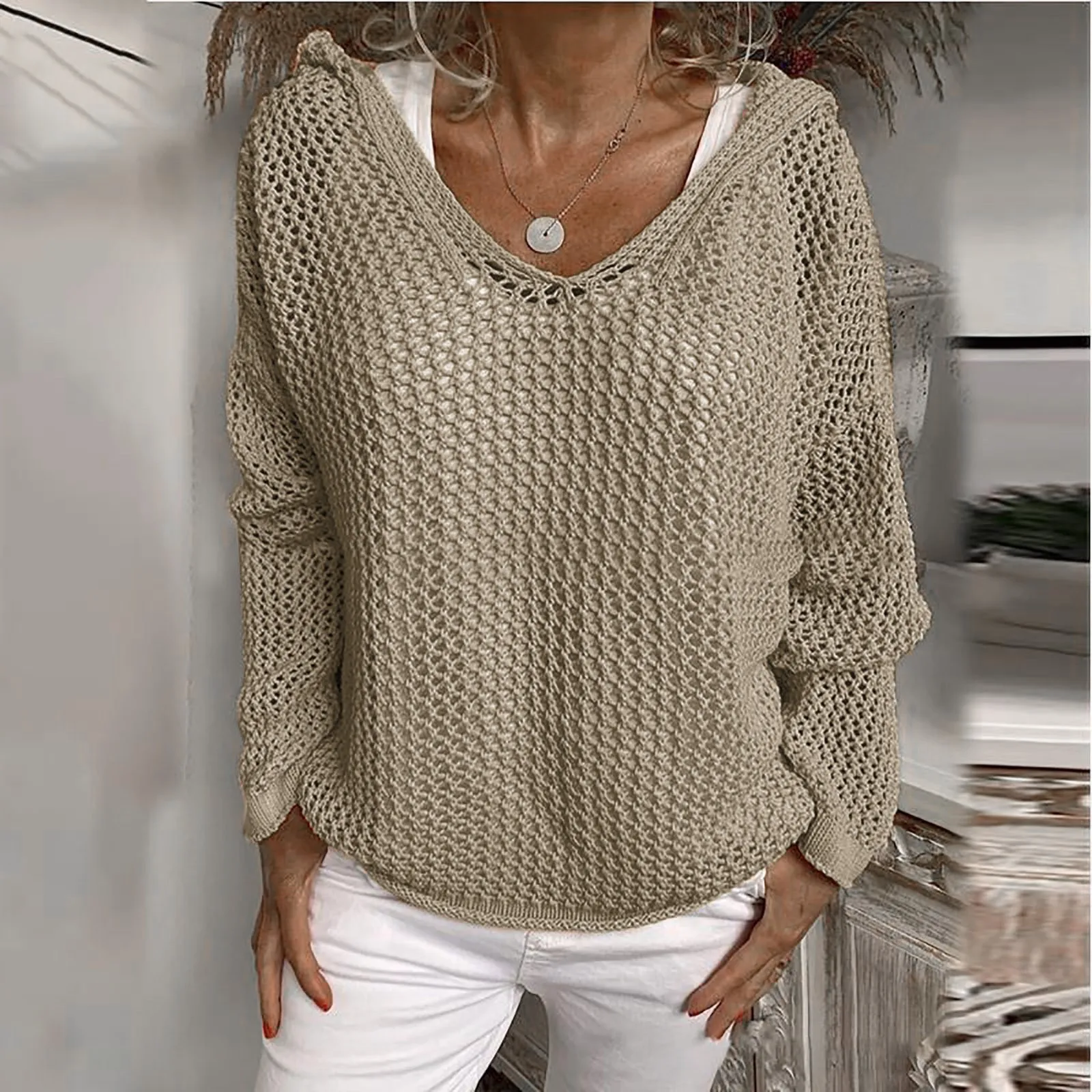 Suéter de manga larga con cuello redondo para mujer, Jersey de punto de Color sólido, suelto e informal, Top fino, novedad de otoño e invierno, 2024