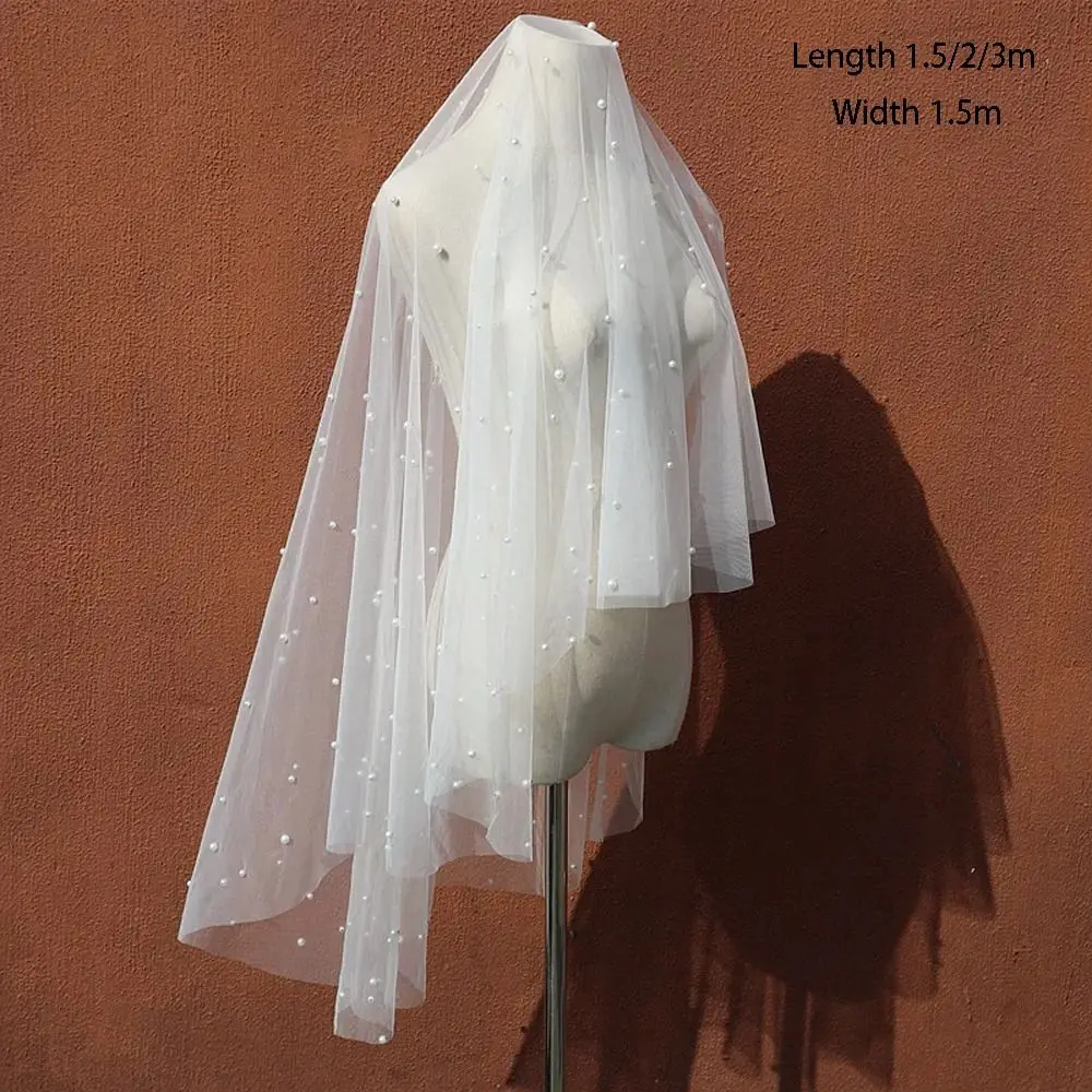 حجاب زفاف أبيض مغطى بالوجه، طول طويل، حجاب كاتدرائية أنيق، حجاب لؤلؤي رقيق، زفاف على شكل قلعة #5