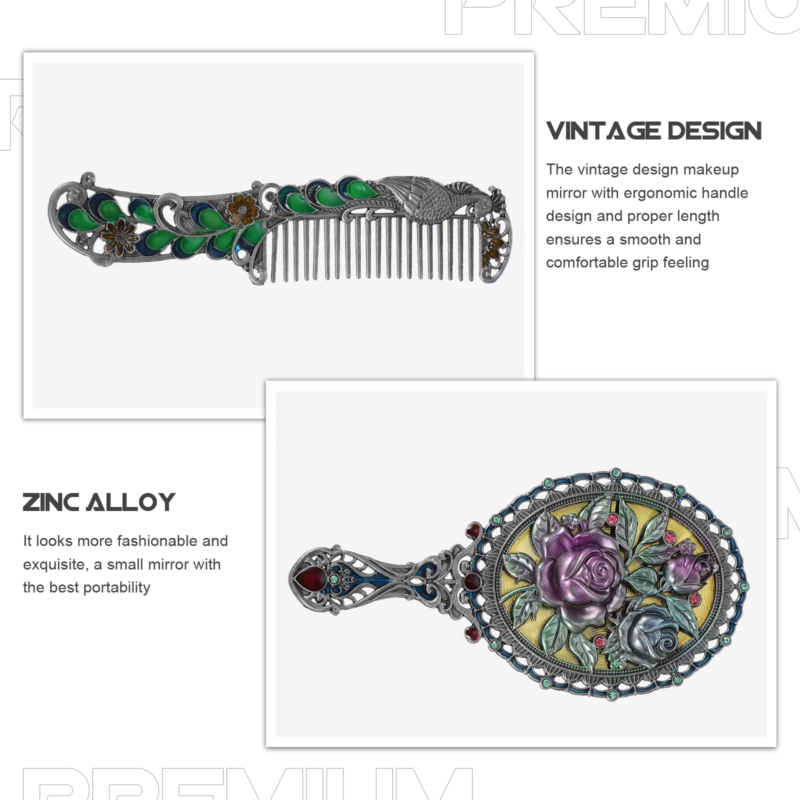 

Portable Vintage Hand Mirror Zinc Alloy Comb Hair Brush Travel Girls Small Makeup Mirrors Vanity Decorative Retro StyleHandheld
