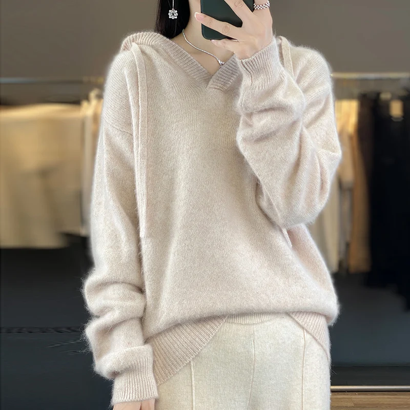 

Casual Loose 100 Beautiful Nuo Wool Women's Hooded Sweater Long Sleeve Knitted Autumn and Winter New Pullover Women's Sweater