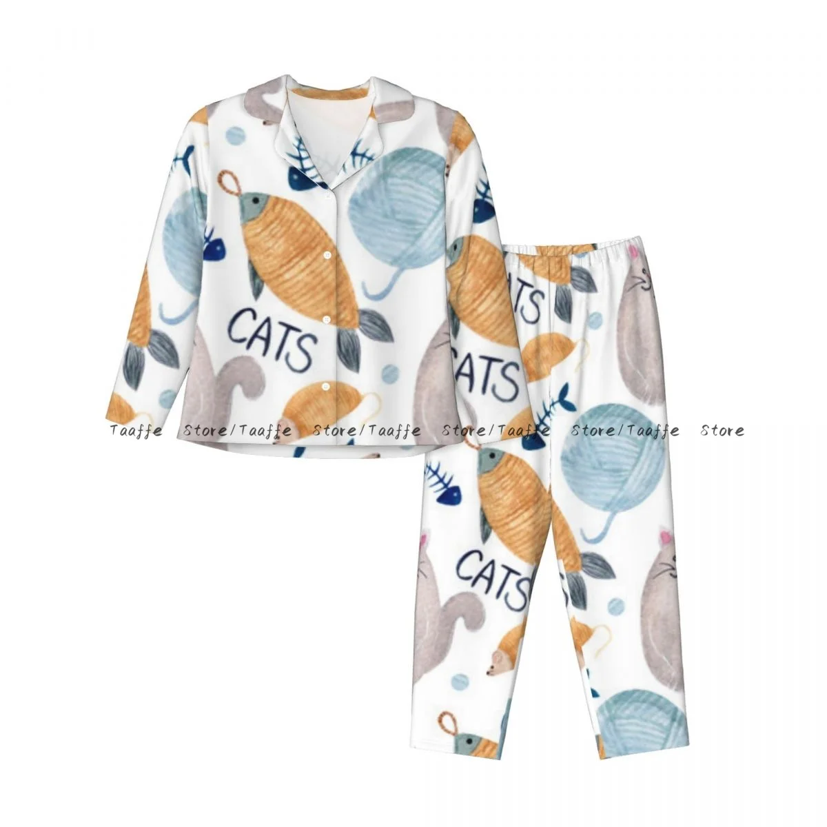 Women's Pajamas Long-sleeved Girl Loungewear Two-piece Set Watercolor Cat Pajamas for Autumn Spring