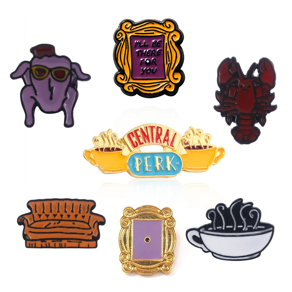 أصدقاء برنامج تلفزيوني دبوس المينا ، بروش تركيا ، شارة طية صدر السترة ، سأكون هناك من أجلك ، قطة مخصصة ، جراد البحر أريكة ، هدية مجوهرات للجماهير #1