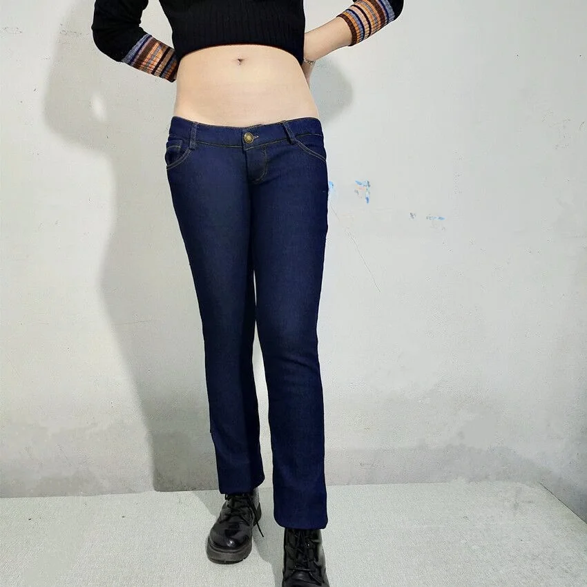 

Fleece Lined Low Waist Straight Leg Stretch Denim Jeans Women Ultra Low Cut Belly Button Sexy Slimming Warm Autumn Winter Pants