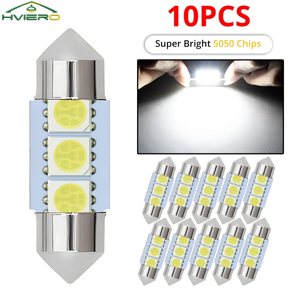 10Pcs White 5050 3SMD Car LED License Plate Trunk Lamp C5w Festoon Dome Light Interior Reading Bulb Parking Door Double Pointed