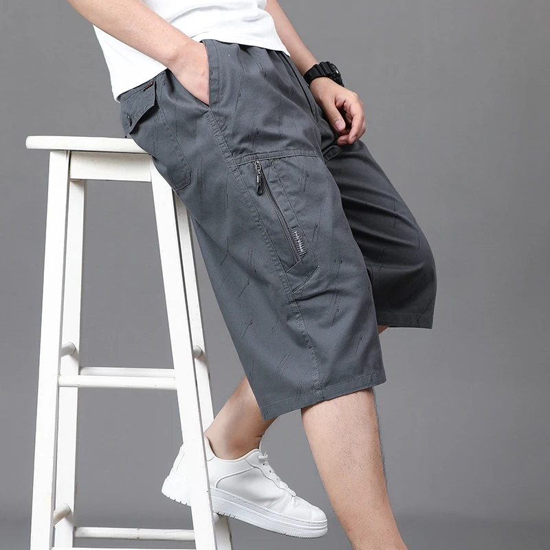 Summer Zipper Pockets Printing Elastic High Waist Casual Loose Men's Clothing Cargo Straight Sweatpants Capri Vintage Shorts