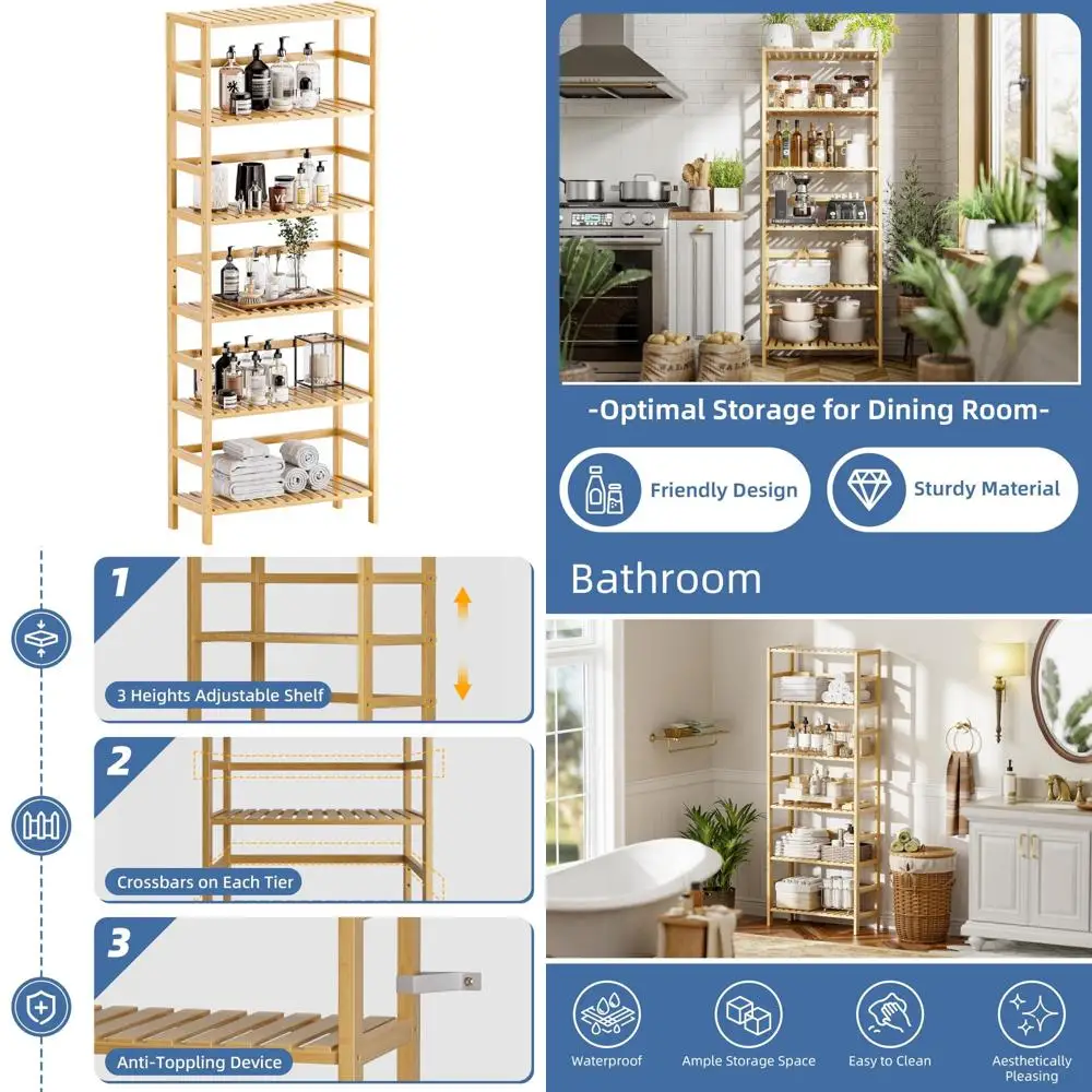 

6-Tier Adjustable Tall Bamboo Bookcase - Open Shelving Unit for Bathroom Storage and Plant Display
