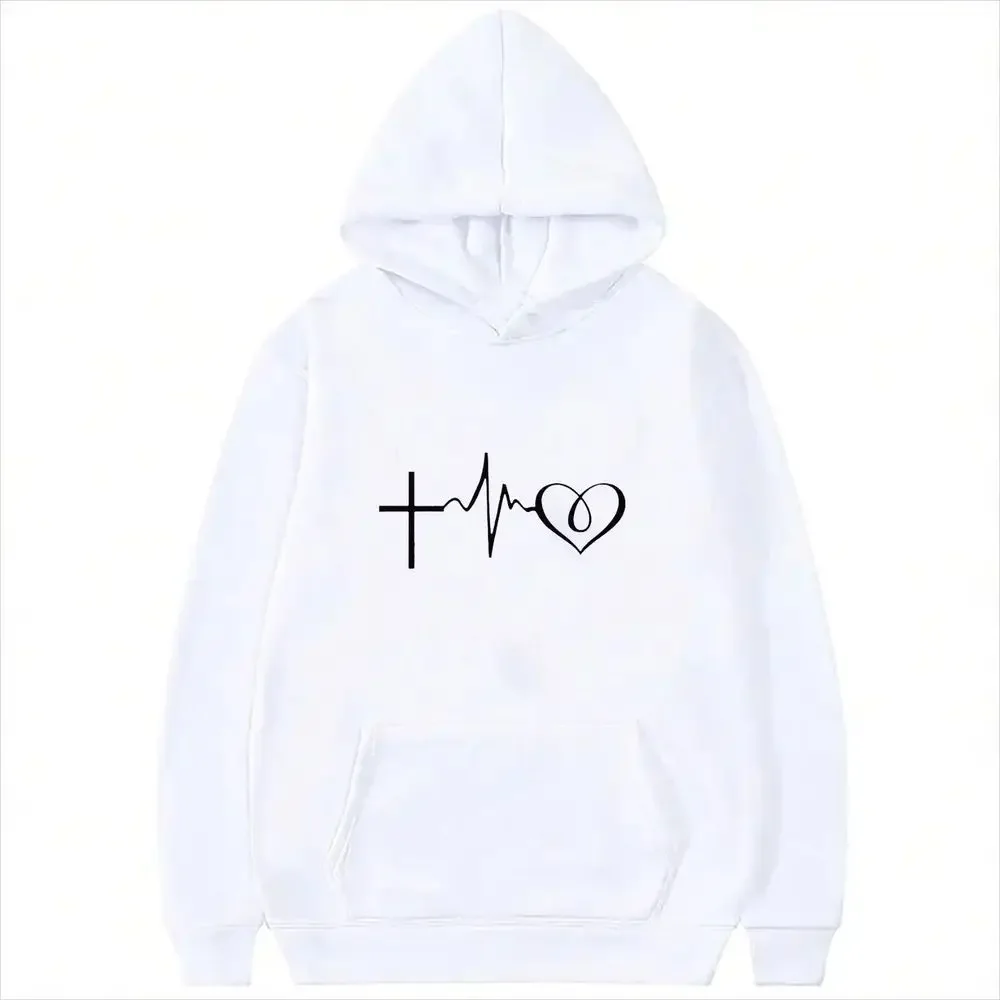 Faith Cross Heartbeat Print Women Hoodie Long Sleeve Pullover Autumn Winter Y2k Casual Loose Streetwear Graphic Aesthetic Tops
