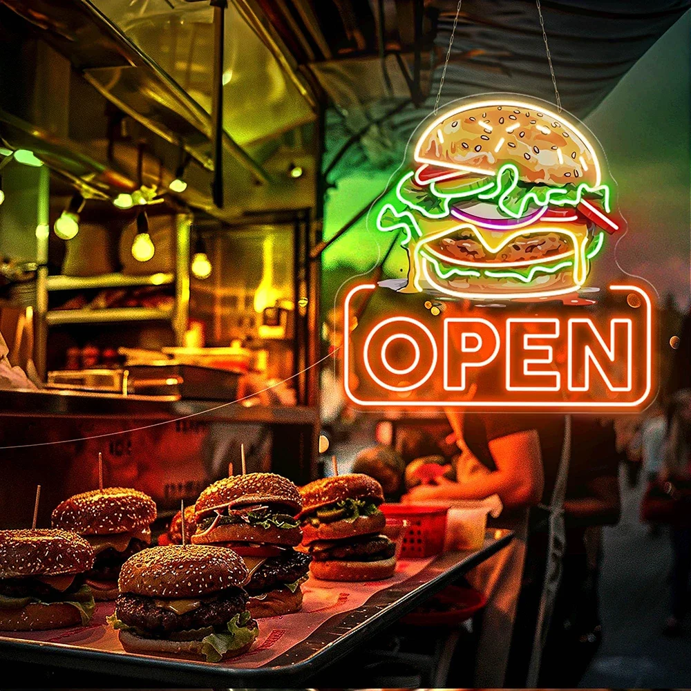 Burger Open Neon Sign Custom Restaurant Wall Decor Shop Opening Neon Light Street Fast Food Store Led Sign Welcome Signs