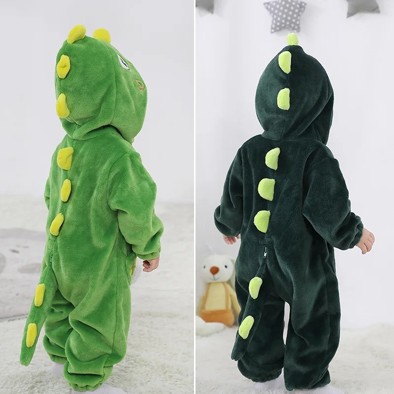 Macacão de flanela dos desenhos animados para bebês meninos e meninas, macacão com capuz bonito para bebê, traje de dinossauro, recém-nascido, inverno