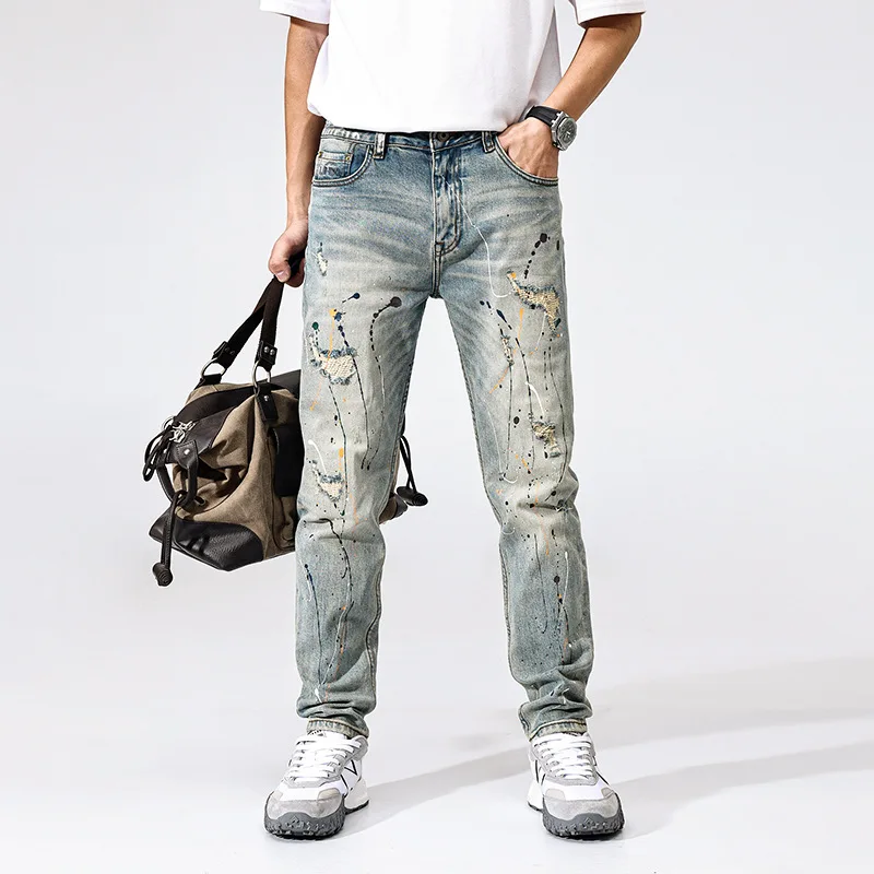 

High-End Fabric Jeans Men'S Street Youth Embroidery Distressed Stretch Straight Long Pants