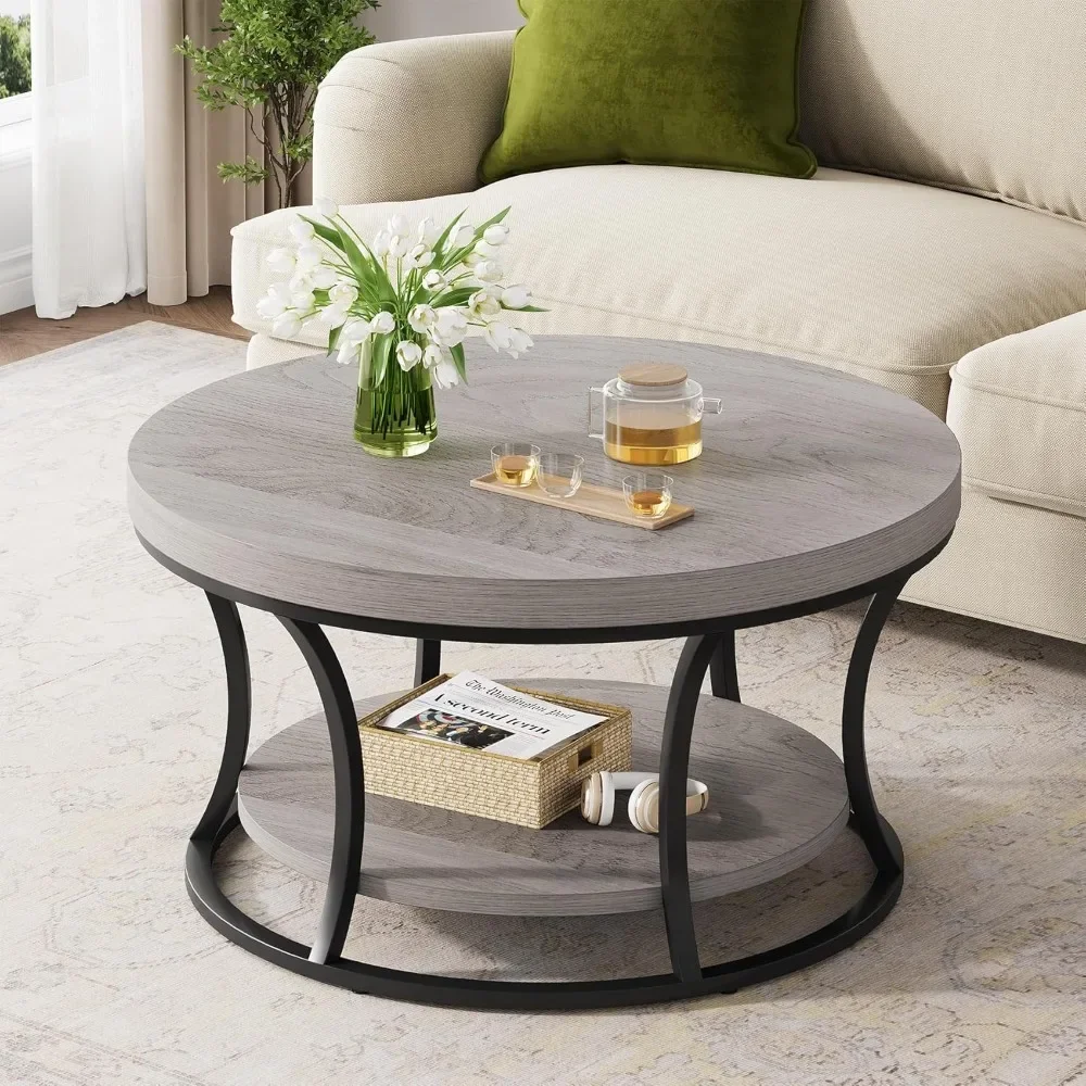 

round coffee table for living room, 2-tier circle coffee table with storage, accent center table modern design, gray brown and b
