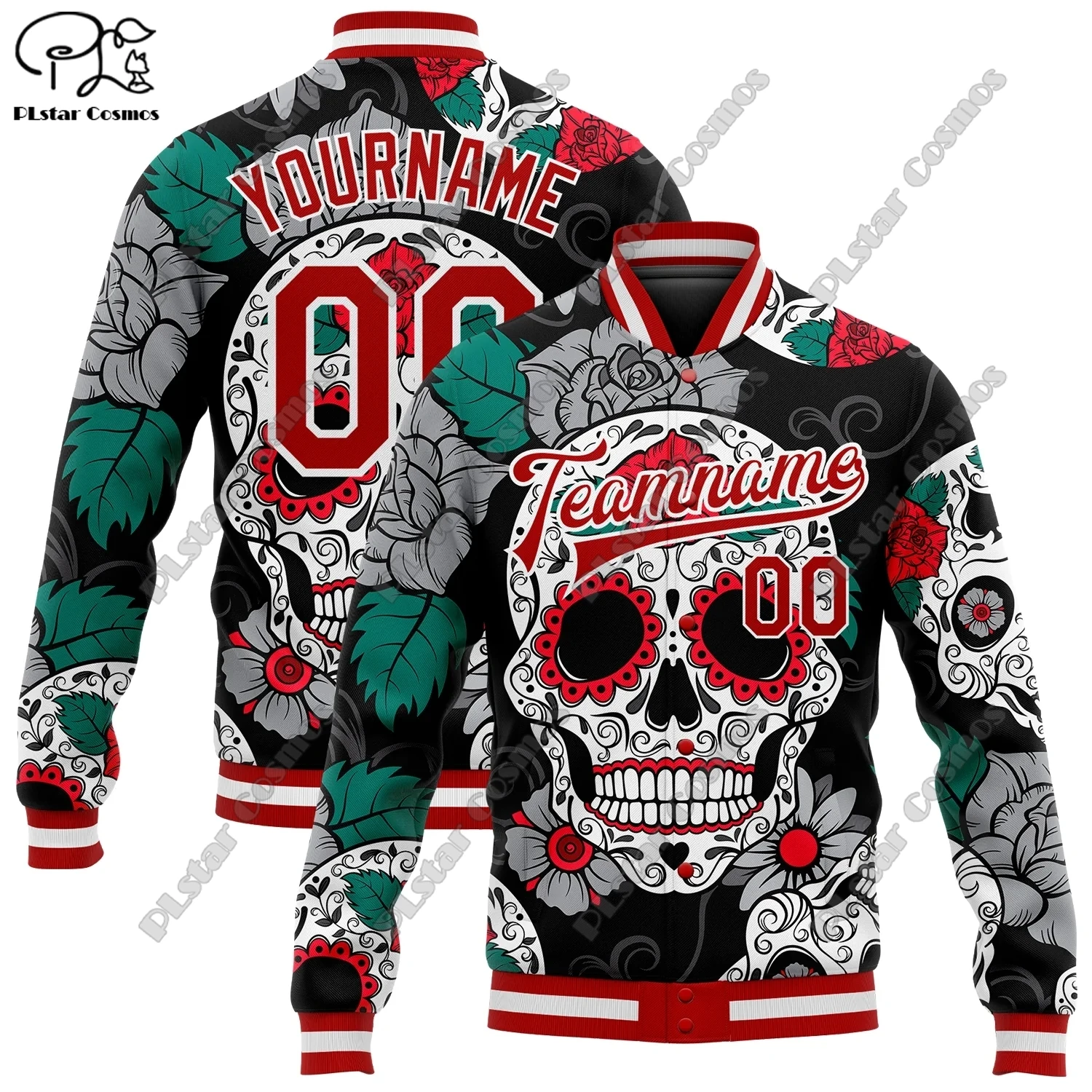 3D Printed Skull Rose Custom Name Logo Jacket Colorful Letters Aviator Full Snap Jacket Unisex Team Gifts Winter New Arrival