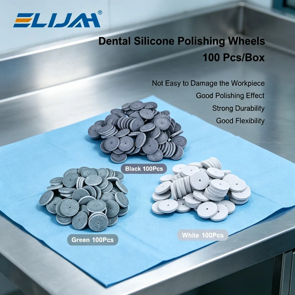 

Dental Silicone Polishing Wheels 100Pcs/Box 22x3mm, 8000-10000rpm Black/Green/White Autoclavable for Composite & Resin Finishing