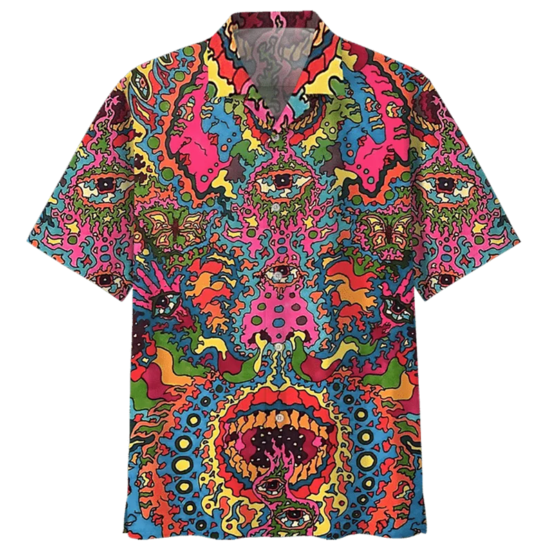 Vintage Colorful Peace Pattern Hawaiian Shirt For Men 3D Printed Floral Short Sleeves Lapel Shirts Summer Street Button Blouses