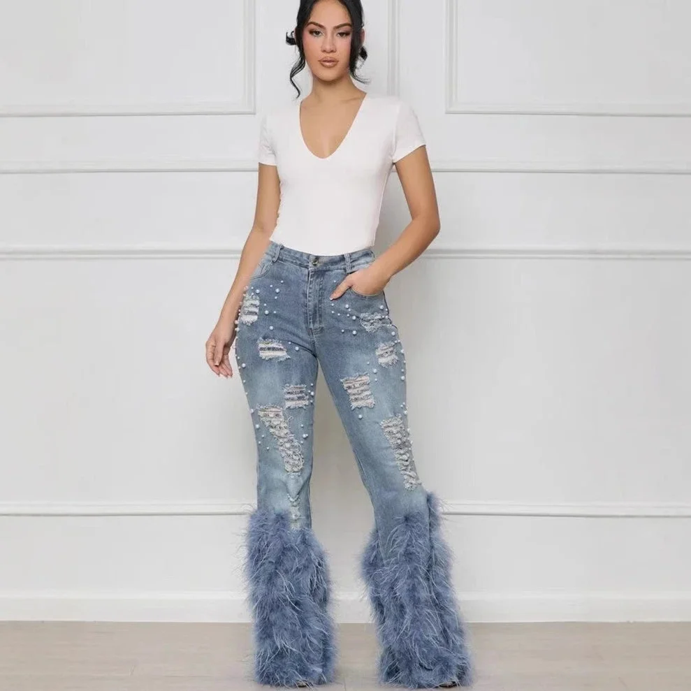 Women Jeans Ankle Length Fur Pants High Waist Zipper Denim Mom Elegant Party Washing Pearls Y2k Mom Pockets Streetwear Casual