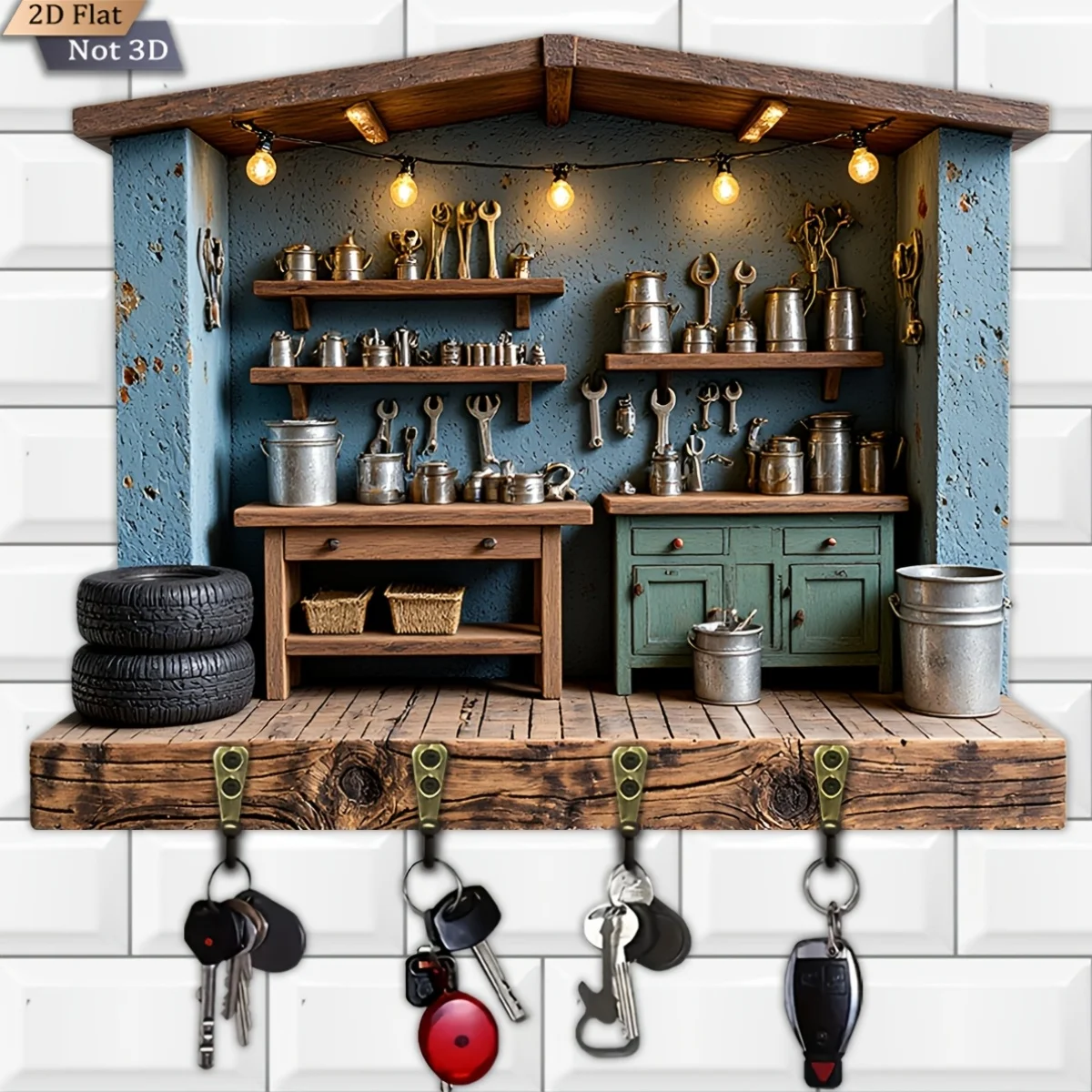 2D flach, 1 Stück, Retro-Tool Room-Themen-Schlüsselhaken, multifunktionales Schlüsselregal aus Holz für Zuhause mit vier Metallhaken, Wanddekoration,