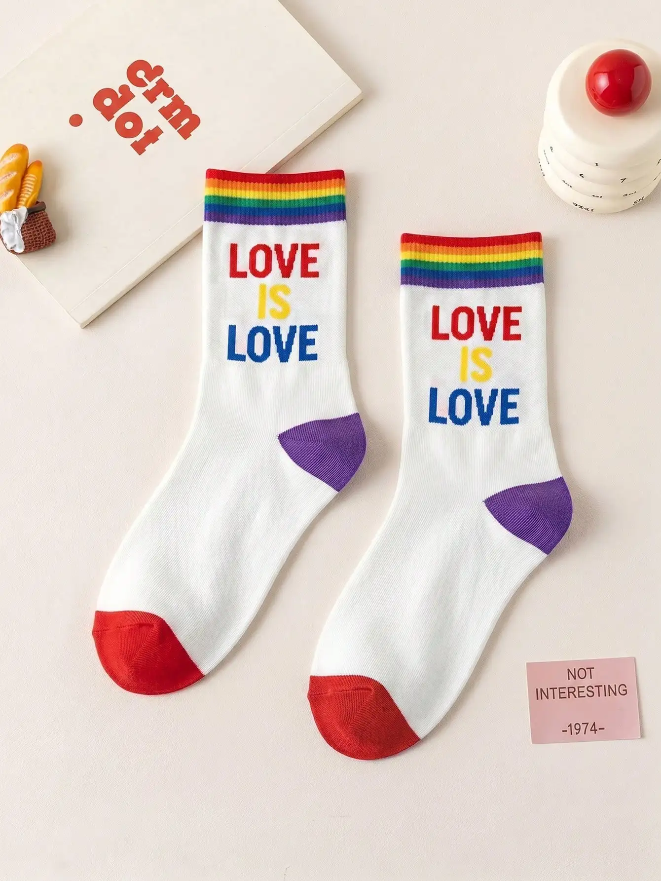 3 Pairs of Black Lgbtq Pride Mid-Calf Socks, Rainbow Gradient Letter Print, Striped Knit Cuff Casual Street Style Mid-Calf Socks