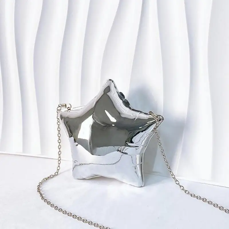 Niche Design Gold And Silver Chain Women\'s Evening Bag 2024 New Bright Face Five Pointed Star Shoulder Bag Funny Party Bag