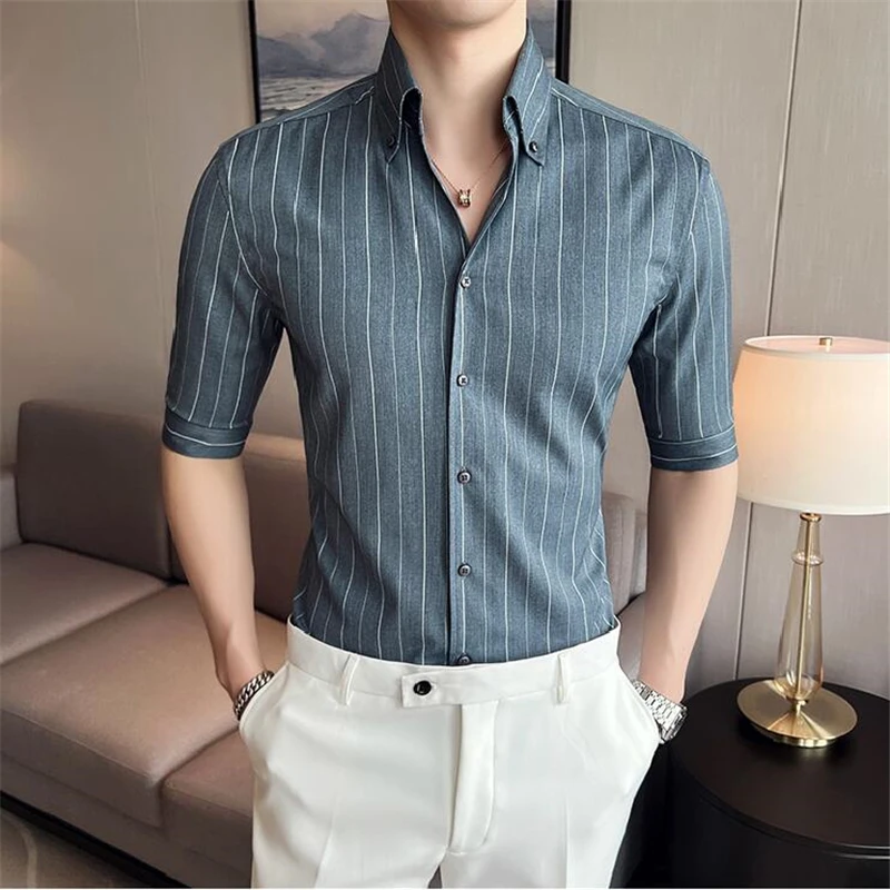 

Shirts For Men Anti-Wrinkle Striped Slim Fit Luxury Chemise Homme Summer New Quality Comfortable Casual Vintage Camisa Masculina