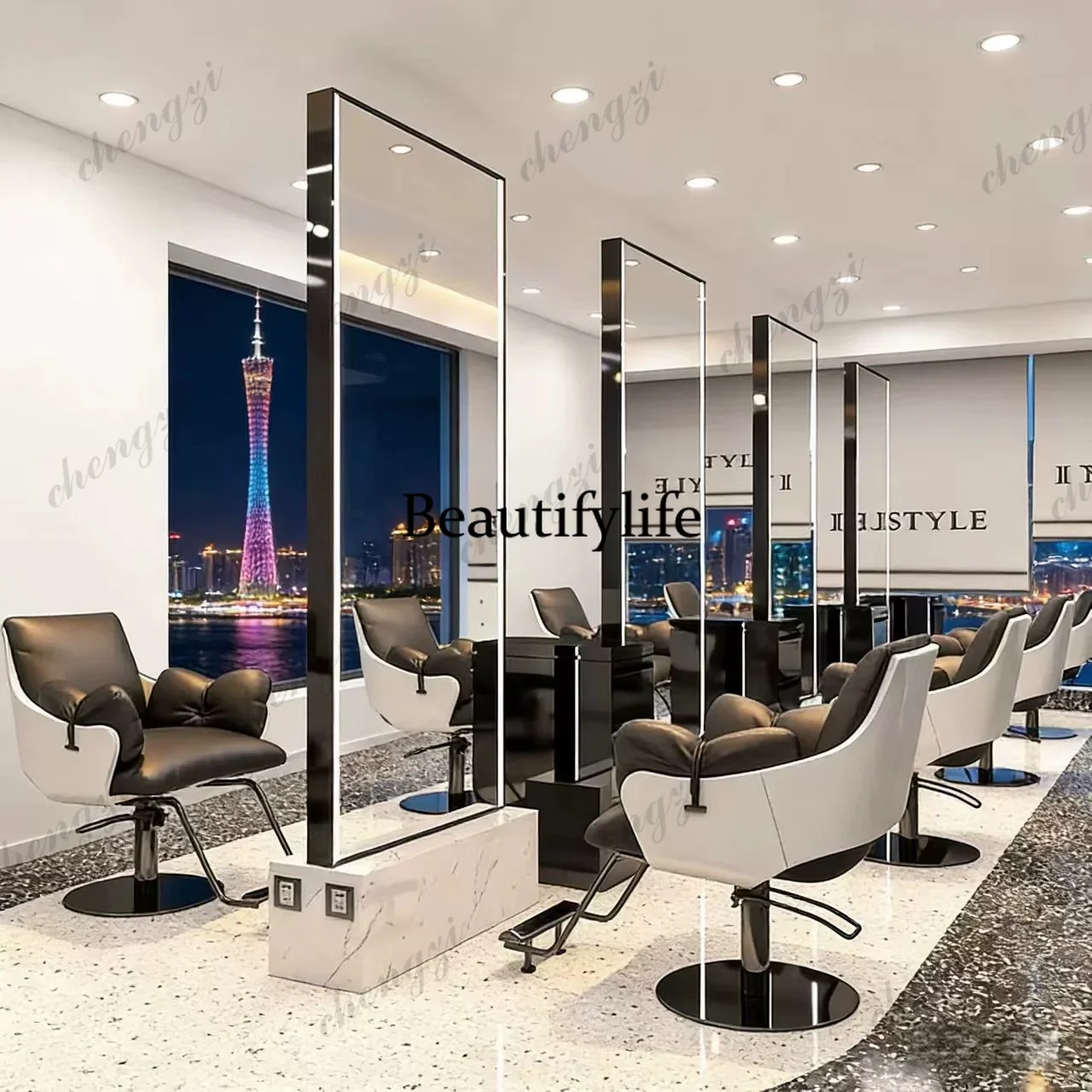 DD182Modern simple haircut mirror table square marble base, single-sided and double-sided floor for hair salon