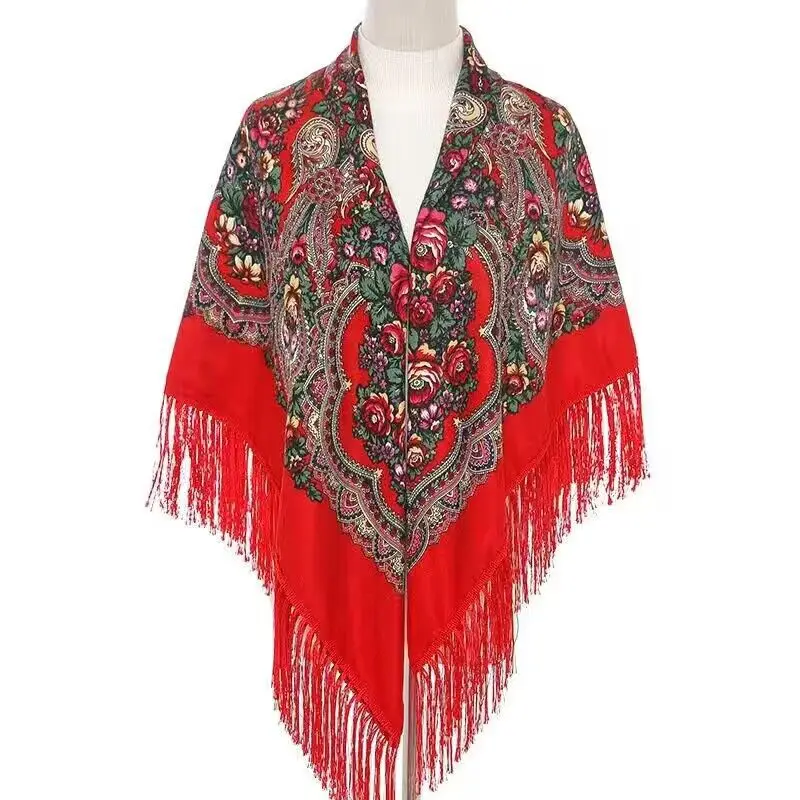 Ukrainian Embroidery Square Shawls Russian Scarf Babushka Retro Fringed Cotton Bandana Winter Scarf Woman Wrap Hijab Poncho Cape