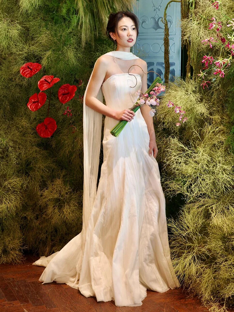 Elegante Vestido de Novia Blanco Sencillo con Top sin Tirantes para Boda, Estilo Coreano, Vestido Largo para Invitadas y Desf...