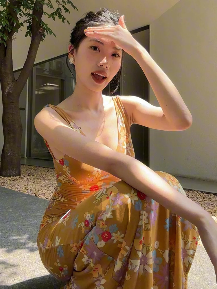 

XZY plus Size Summer Vaion Sle V-Ne Yellow Print Strap Dr Women's High Waist Slim Fit Long A-Line Dr