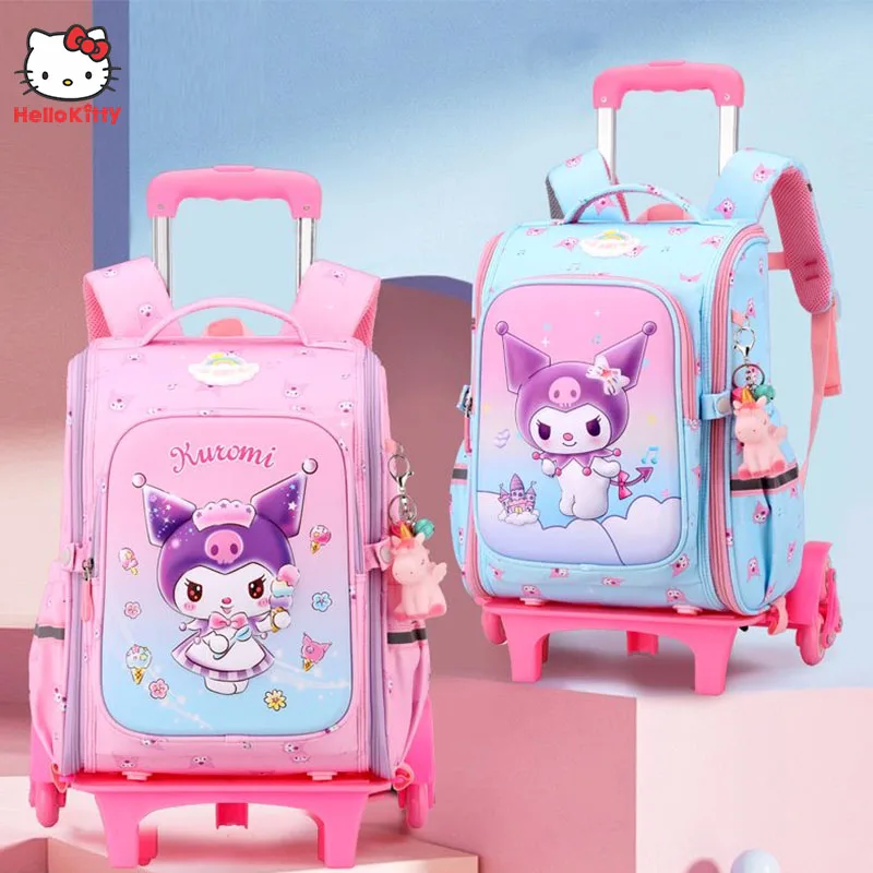 Anime Kuromi Trolley School Bag Sanrio Girl School Backpack with Wheels Student High Capacity Rolling Backpack Save Effort Gift